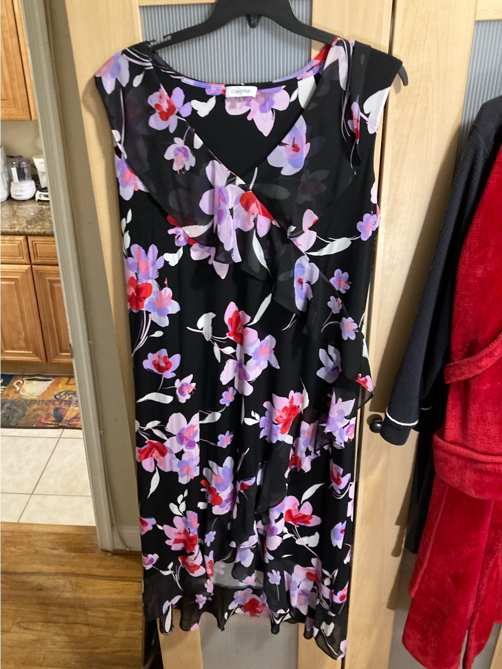 Calvin Klein Black Sleeveless Floral Midi Dress with Lavender and Red Blooms